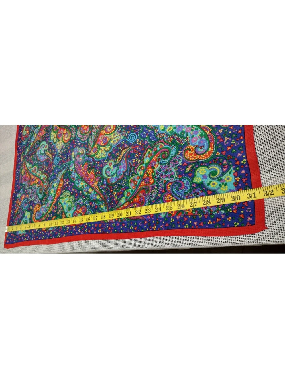 Vintage Psychedelic Paisley Silk Scarf Red Border Colorful Multicolor Big Size!